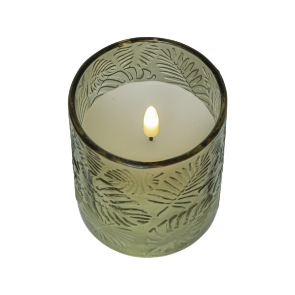 LED Stumpenkerze Flamme Leaf Grün – Dekokerze mit Glasstruktur & Timer
