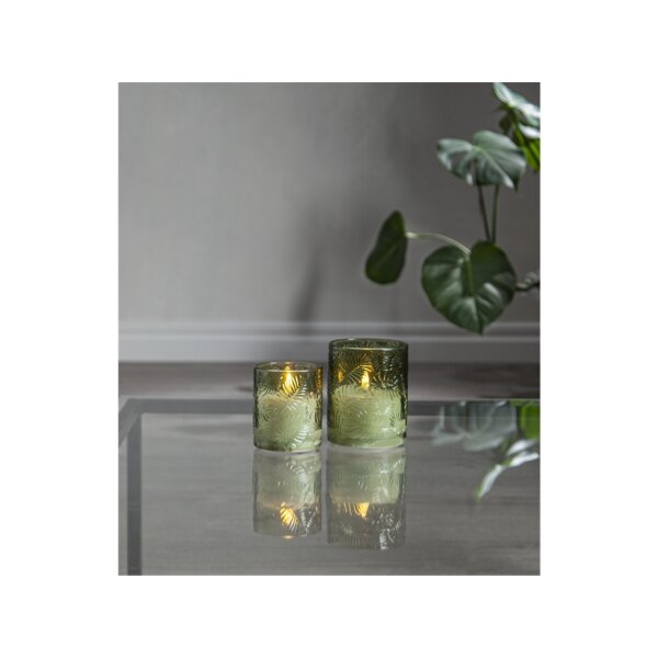 LED Stumpenkerze Flamme Leaf Grün – Dekokerze mit Glasstruktur & Timer