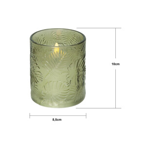LED Stumpenkerze Flamme Leaf Grün – Dekokerze mit Glasstruktur & Timer
