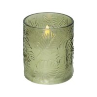 LED Stumpenkerze Flamme Leaf Grün – Dekokerze mit Glasstruktur & Timer