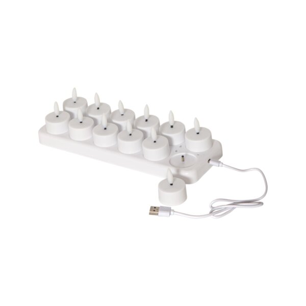 LED Teelichter 12er Pack Flamme Charge – Wiederaufladbar mit USB-Ladestation