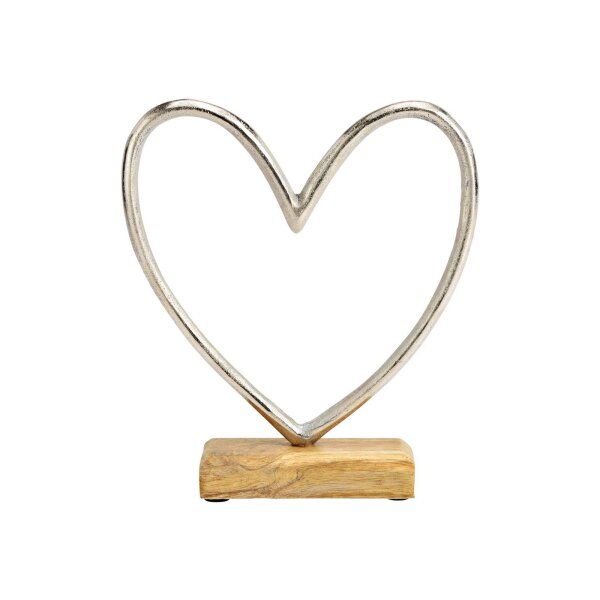 Aufsteller Herz auf Mangoholz-Sockel aus Metall, Braun/Silber, 19×21×5 cm