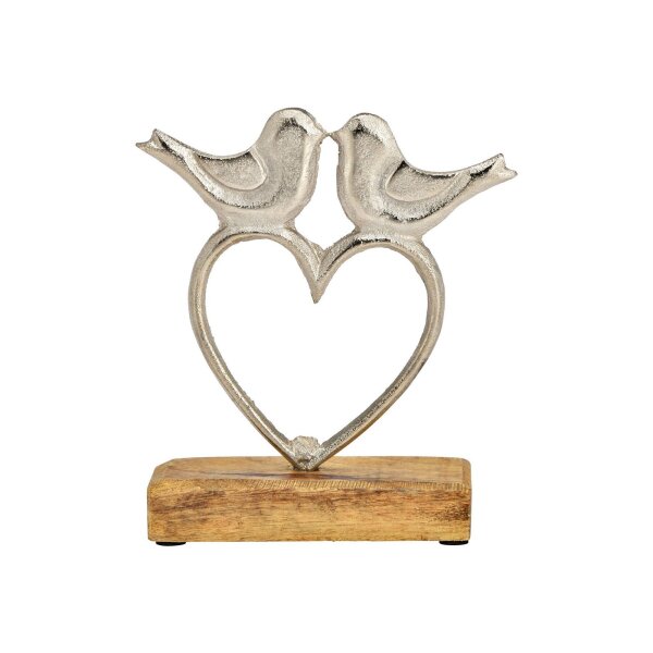 Aufsteller Herz/Vogel Dekor auf Mangoholz-Sockel Braun/Silber | 15×17×5 cm