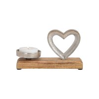 Kerzenhalter Herz Metall/Mangoholz Silber/Natur | 20&times;12&times;8 cm