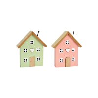 Aufsteller Haus aus Holz Pink/Rosa &amp; Gr&uuml;n 2-fach | 13&times;16&times;4 cm