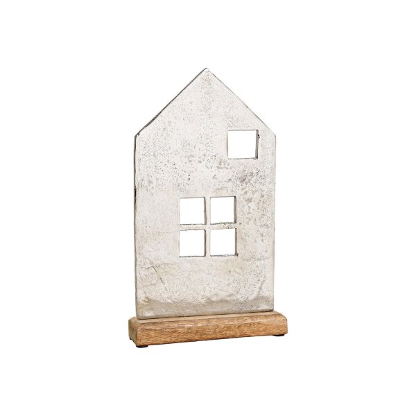 Aufsteller Haus Metall Silber auf Mangoholz-Sockel | 18×31×5 cm SALE