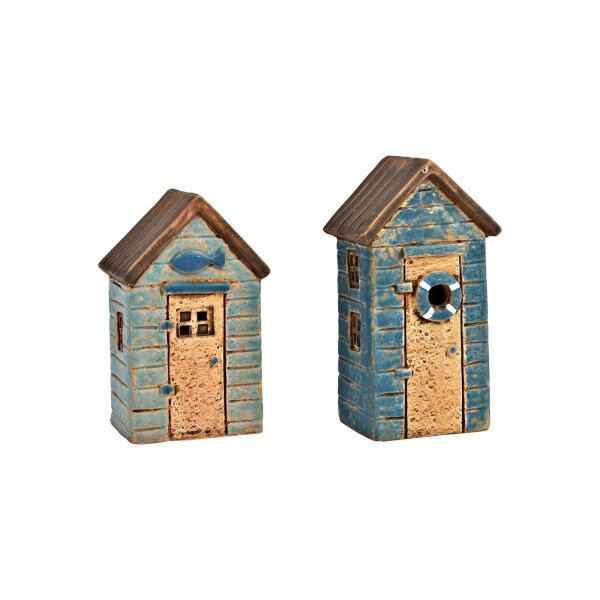 Haus Maritim aus Steingut, Blau, 2er-Set | 8×14×6 & 8×13×6 cm