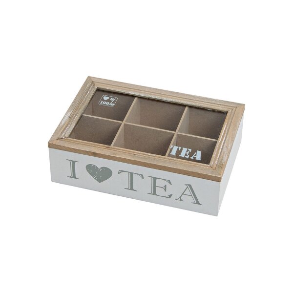 Teebox "I Love Tea" – 6 Fächer, Weiß/Braun | Edle Holz-Teekiste zur Teebeutel-Aufbewahrung