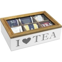 Teebox "I Love Tea" – 6 Fächer, Weiß/Braun | Edle Holz-Teekiste zur Teebeutel-Aufbewahrung