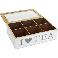 Teebox "I Love Tea" – 6 Fächer, Weiß/Braun | Edle Holz-Teekiste zur Teebeutel-Aufbewahrung