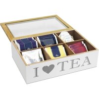 Teebox "I Love Tea" – 6 Fächer, Weiß/Braun | Edle Holz-Teekiste zur Teebeutel-Aufbewahrung