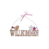 Willkommen-Schriftzug mit Vogel aus Holz &ndash; Rosa/Wei&szlig;/Natur 20?cm | Deko zum H&auml;ngen