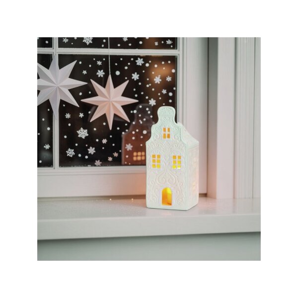 LED Teelichthaus 3-fach aus Porzellan – Weiß – 7×16×7?cm Dekoleuchte