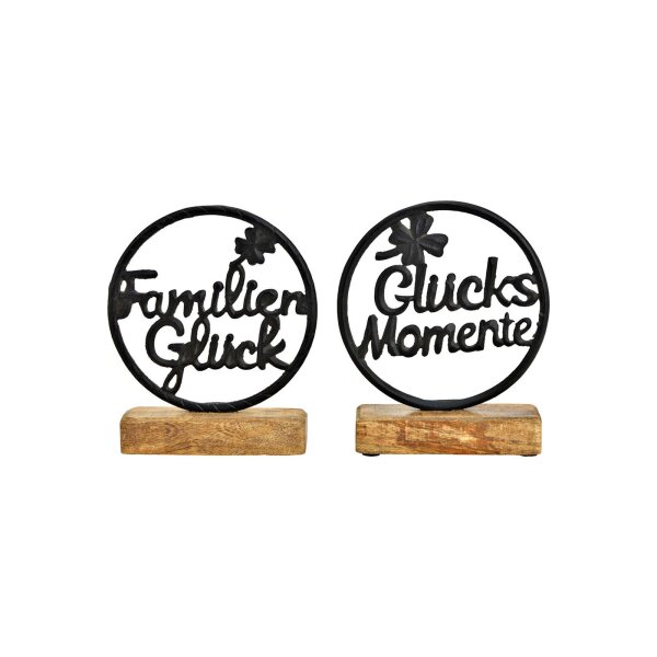 Schriftzug Glücksmoment & Familienglück – Aufsteller Metall/Mangoholz 15×17×5?cm