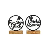 Schriftzug Gl&uuml;cksmoment &amp; Familiengl&uuml;ck &ndash; Aufsteller Metall/Mangoholz 15&times;17&times;5?cm