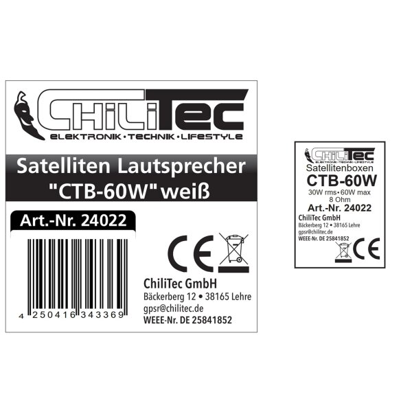 Satelliten Lautsprecher CTB-60B – 2-Wege Boxen Paar, 60W, 8 Ohm, weiß