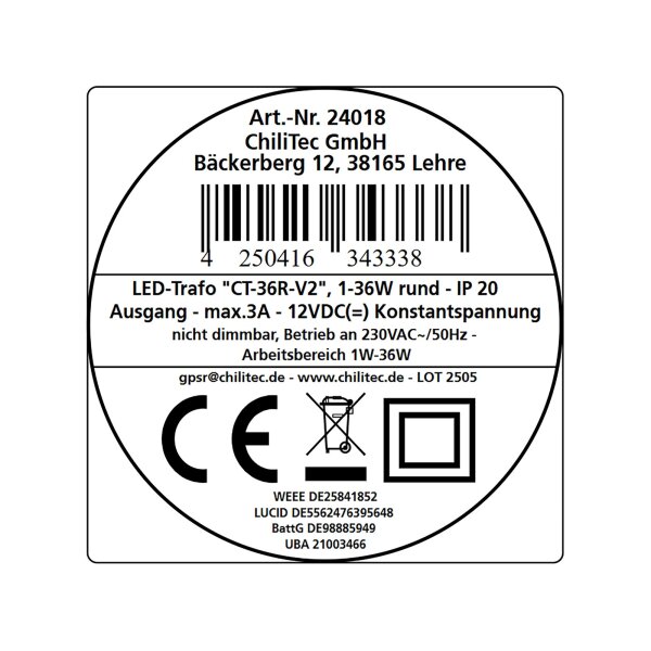 LED-Trafo CT-36E – 1–36W Slimline, rund, 12V Konstantspannung