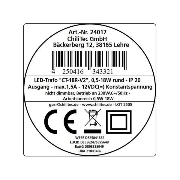 LED-Trafo CT-18E – 0,5–18W Slimline, rund, 12V Konstantspannung