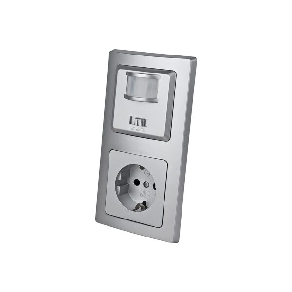 Delphi Bewegungsmelder 2-Draht mit Steckdose Unterputz UP 230V~ 160° PIR Sensor Schutzkontaktsteckdose im Doppelrahmen Anschluss ohne Nullleiter