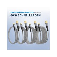 USB-A auf USB-C Kabel Set | 60W QC Schnellladen | 0,5 + 1 + 2 + 3 m | Textilmantel & Goldkontakte