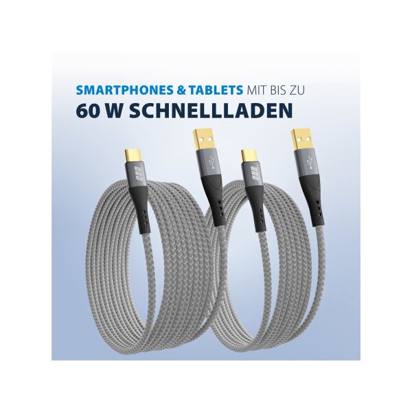 USB-A auf USB-C Kabel Set 3×2 m | 60W QC Schnellladen | Textilmantel & Goldkontakte