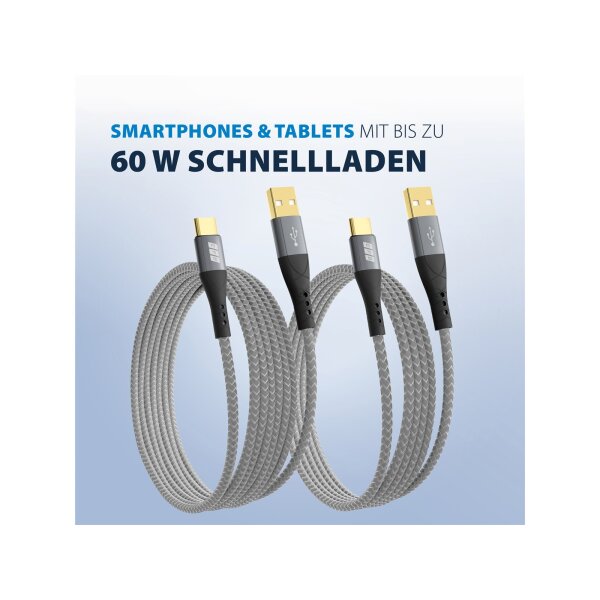 USB-A auf USB-C Kabelset 2×2 m | 60W QC Schnellladen | Textilmantel | 2er-Pack
