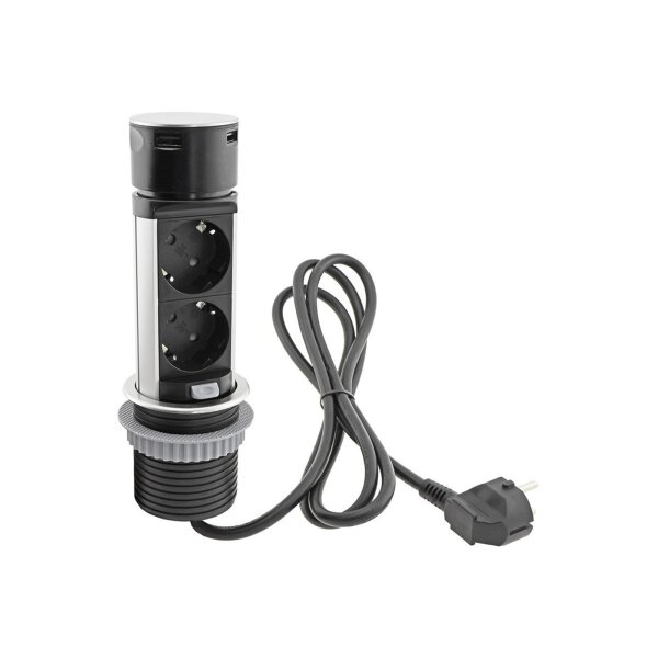 Versenkbare 3-fach Steckdose mit USB-A & USB-C – Edelstahl, Pop-Up, 230V, 3600W