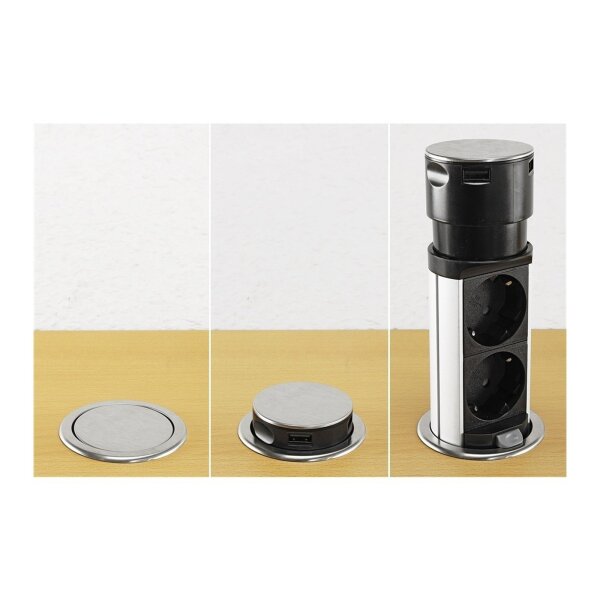 Versenkbare 3-fach Steckdose mit USB-A & USB-C – Edelstahl, Pop-Up, 230V, 3600W