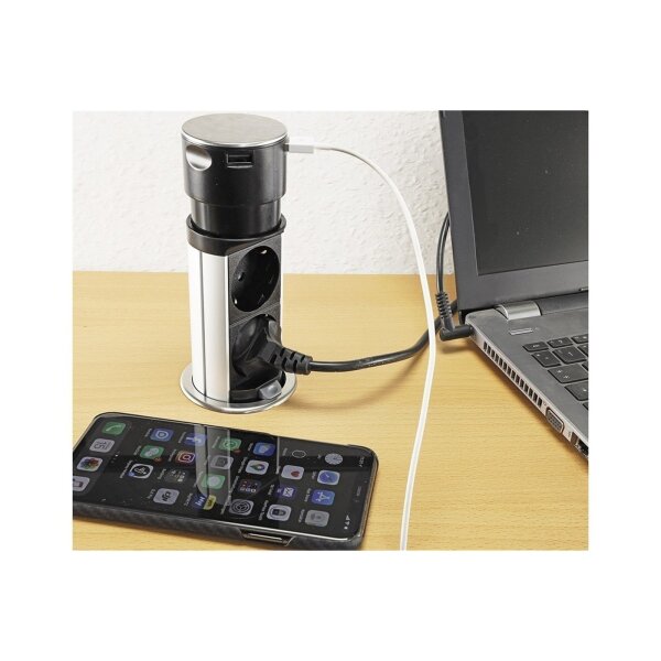 Versenkbare 3-fach Steckdose mit USB-A & USB-C – Edelstahl, Pop-Up, 230V, 3600W