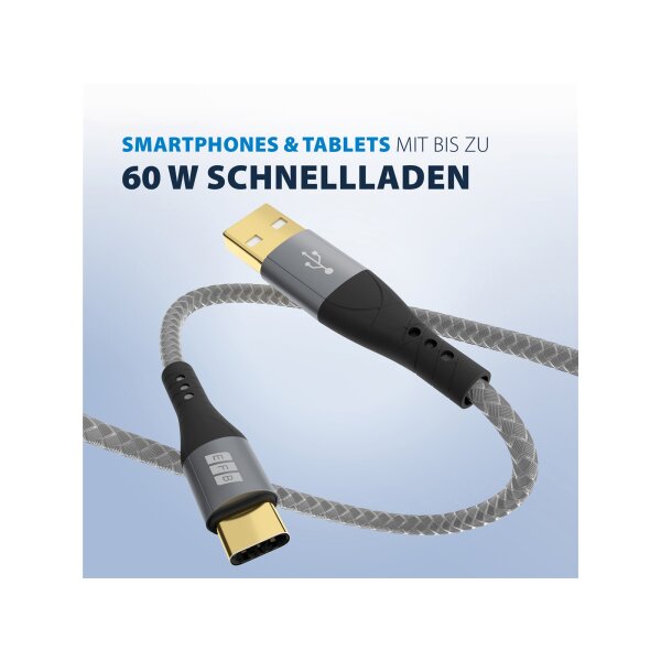 USB-A auf USB-C Kabel 2 m – 60W QC, 3A, Textilmantel, vergoldete Kontakte
