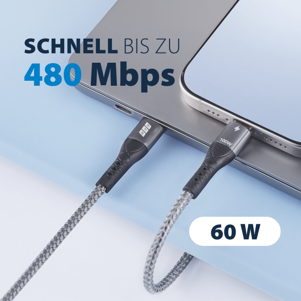 USB-A auf USB-C Kabel 2 m – 60W QC, 3A, Textilmantel, vergoldete Kontakte