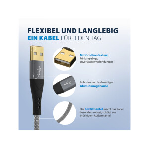 USB-A auf USB-C Kabel 0,5 m – 60W QC, 3A, Textilmantel, vergoldete Kontakte