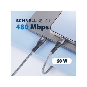 USB-A auf USB-C Kabel 0,5 m – 60W QC, 3A, Textilmantel, vergoldete Kontakte