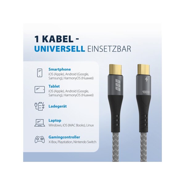USB-C auf USB-C Kabel 3 m – 100W PD 3.0, 5A, E-Marker, Textilmantel, vergoldet