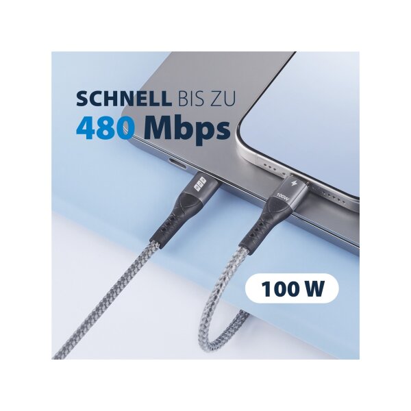 USB-C auf USB-C Kabel 3 m – 100W PD 3.0, 5A, E-Marker, Textilmantel, vergoldet