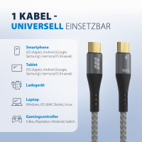 USB-C auf USB-C Kabel 3 m – 100W PD 3.0, 5A, E-Marker, Textilmantel, vergoldet