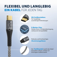 USB-C auf USB-C Kabel 3 m – 100W PD 3.0, 5A, E-Marker, Textilmantel, vergoldet