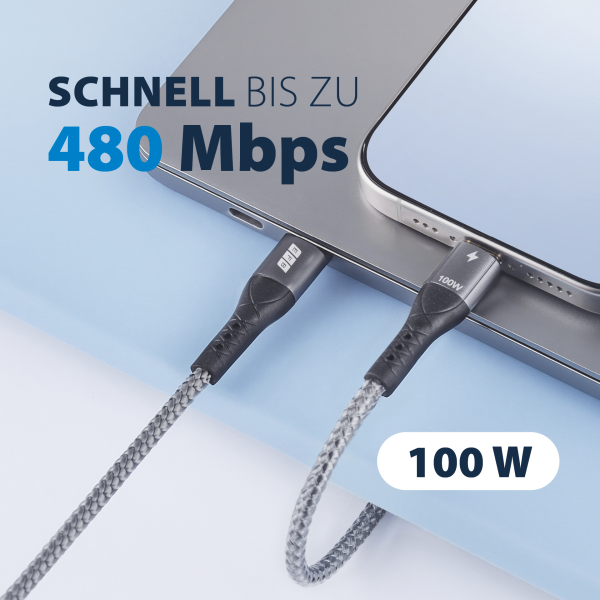 USB-C auf USB-C Kabel 0,5 m – 100W PD 3.0, 5A, E-Marker, Textilmantel