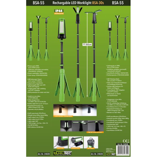 LED Akku Baustrahler BSA-30s mit Stativ – 30W, 2700lm