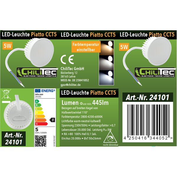 LED Modul Piatto CCT 5W 110° – flaches LED Einbaumodul 230V mit einstellbarer Lichtfarbe 3000K / 4000K / 6500K