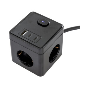 Steckdosenwürfel 3-fach mit USB-A & USB-C – 1,5m Kabel schwarz