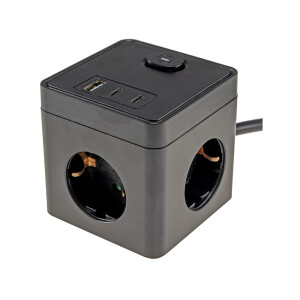 Steckdosenwürfel 3-fach mit USB-A & USB-C – 1,5m Kabel schwarz