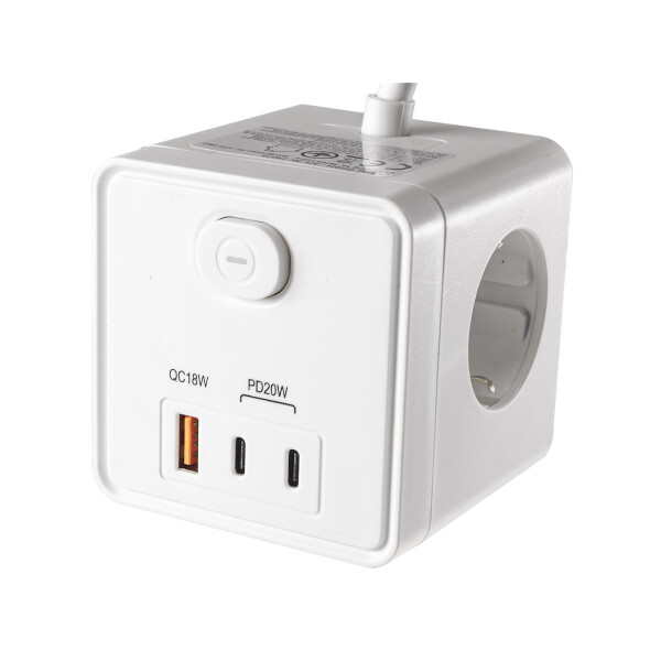 Steckdosenwürfel 3-fach Weiß mit USB-A & USB-C – 1,5m Kabel