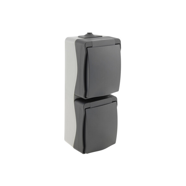 ChiliTec Aufputz Steckdose 2-fach IP54 Feuchtraum Doppel-Steckdose Vertikal 250V~/ 16A 3600W gummierte Kabeleinführung Grau
