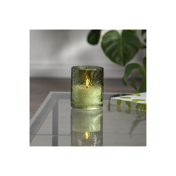 LED Stumpenkerze "Flamme Leaf" grün 12,5cm
