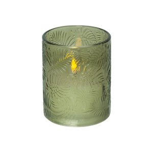 LED Stumpenkerze "Flamme Leaf" grün 12,5cm