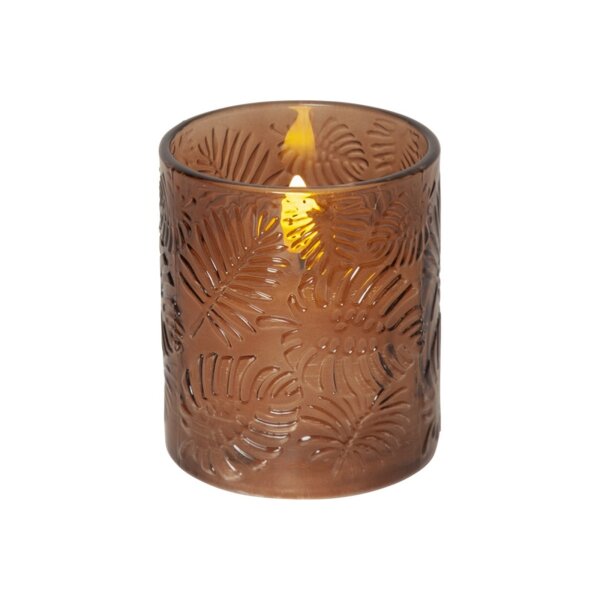 LED Stumpenkerze "Flamme Leaf" Braun – Glas, Timer, Ø 8,5 cm x 10 cm