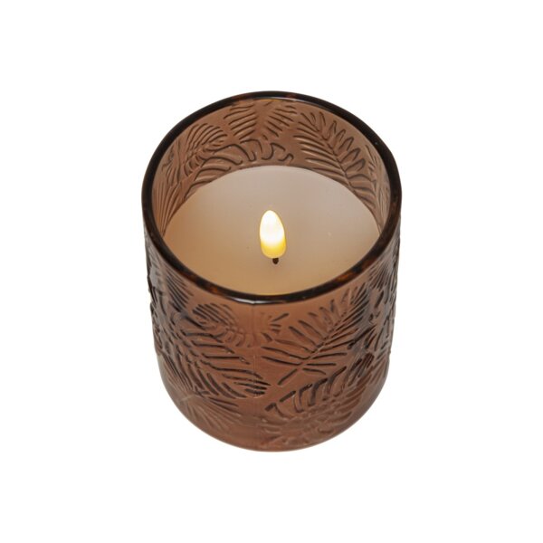 LED Stumpenkerze "Flamme Leaf" Braun – Glas, Timer, Ø 8,5 cm x 10 cm