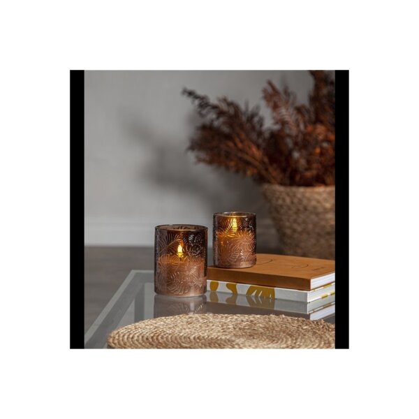 LED Stumpenkerze "Flamme Leaf" Braun – Glas, Timer, Ø 8,5 cm x 10 cm