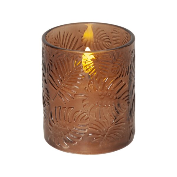 LED Stumpenkerze "Flamme Leaf" Braun – Glas, Timer, Ø 8,5 cm x 10 cm